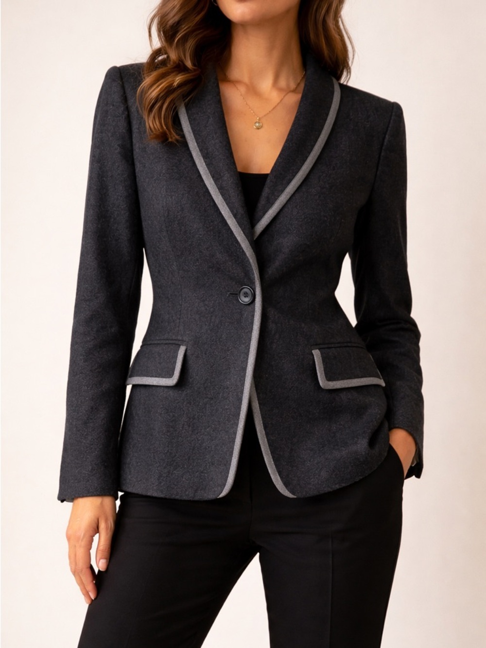 PER TE BY KRIZIA Charcoal Gray Blazer with Light Gray Piping